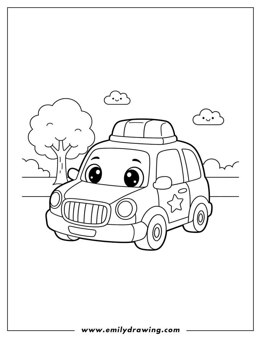 PDF style coloring page: anime Police Car Preschoolers, with big cute eyes and a siren