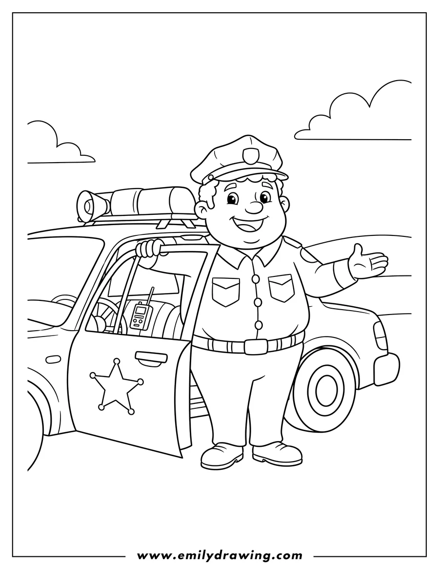 Coloring page of cartoon Police Officer standing by the open car door of his patrol car, smiling
