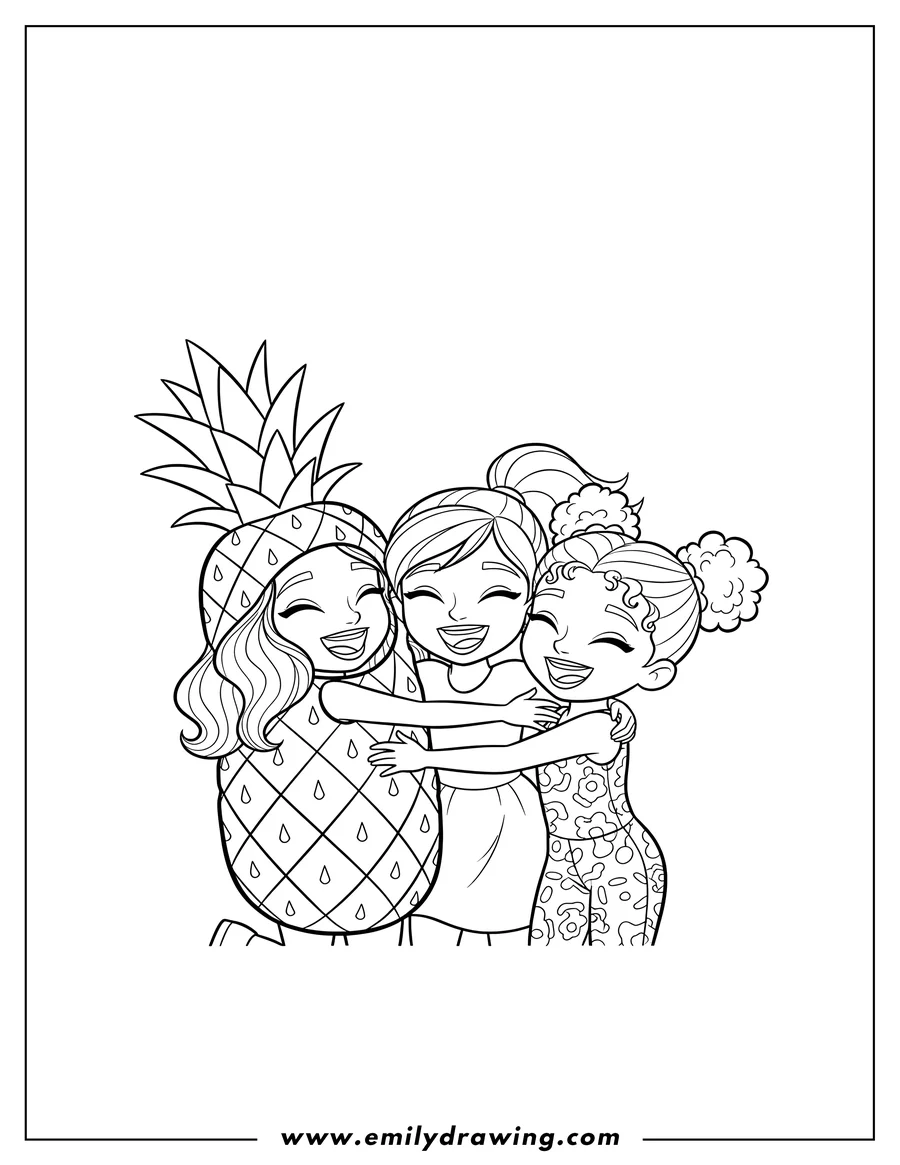 PDF style coloring page: polly Pocket, Lila, and Shani in a pineapple costume sharing a laughing group hug