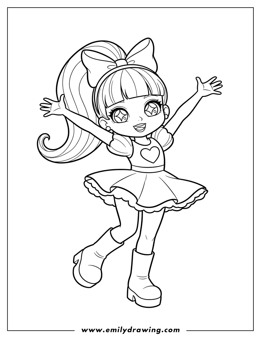 Printable coloring page of kawaii Polly Pocket dancing in a dynamic pose with arms outstretched and a high ponytail