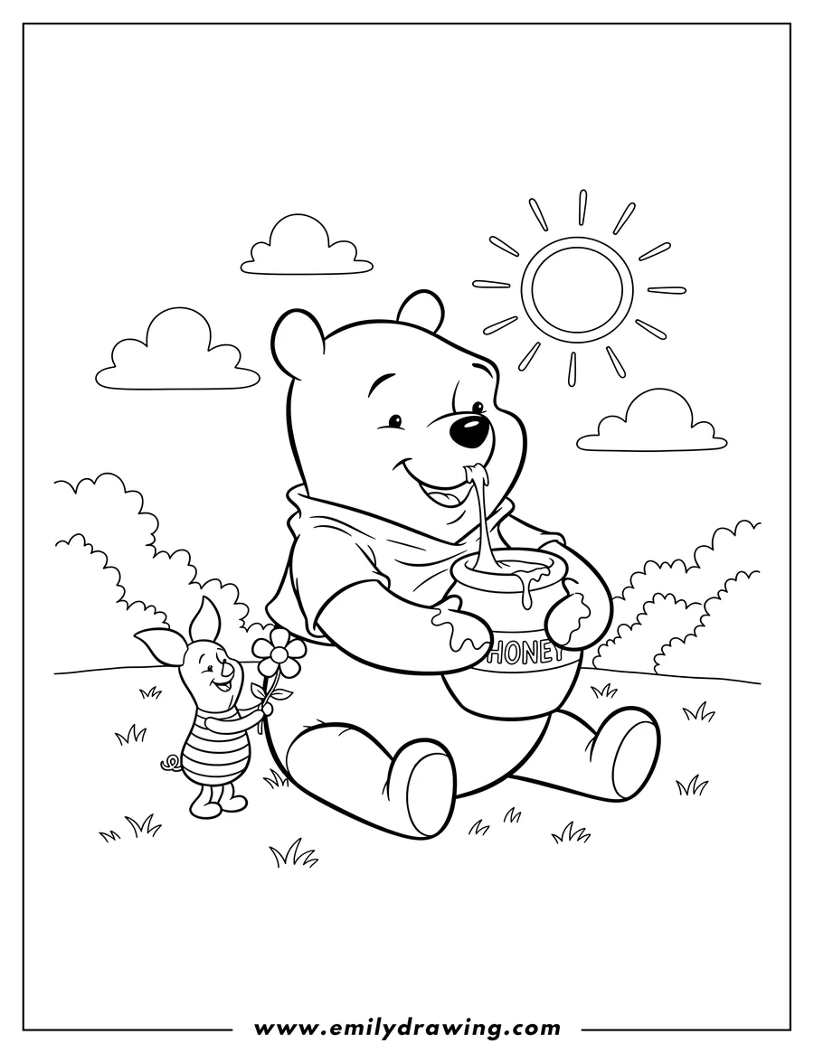 Coloring page for kids: pooh And Piglet Scaled, with Pooh eating honey from a pot and Piglet holding a flower