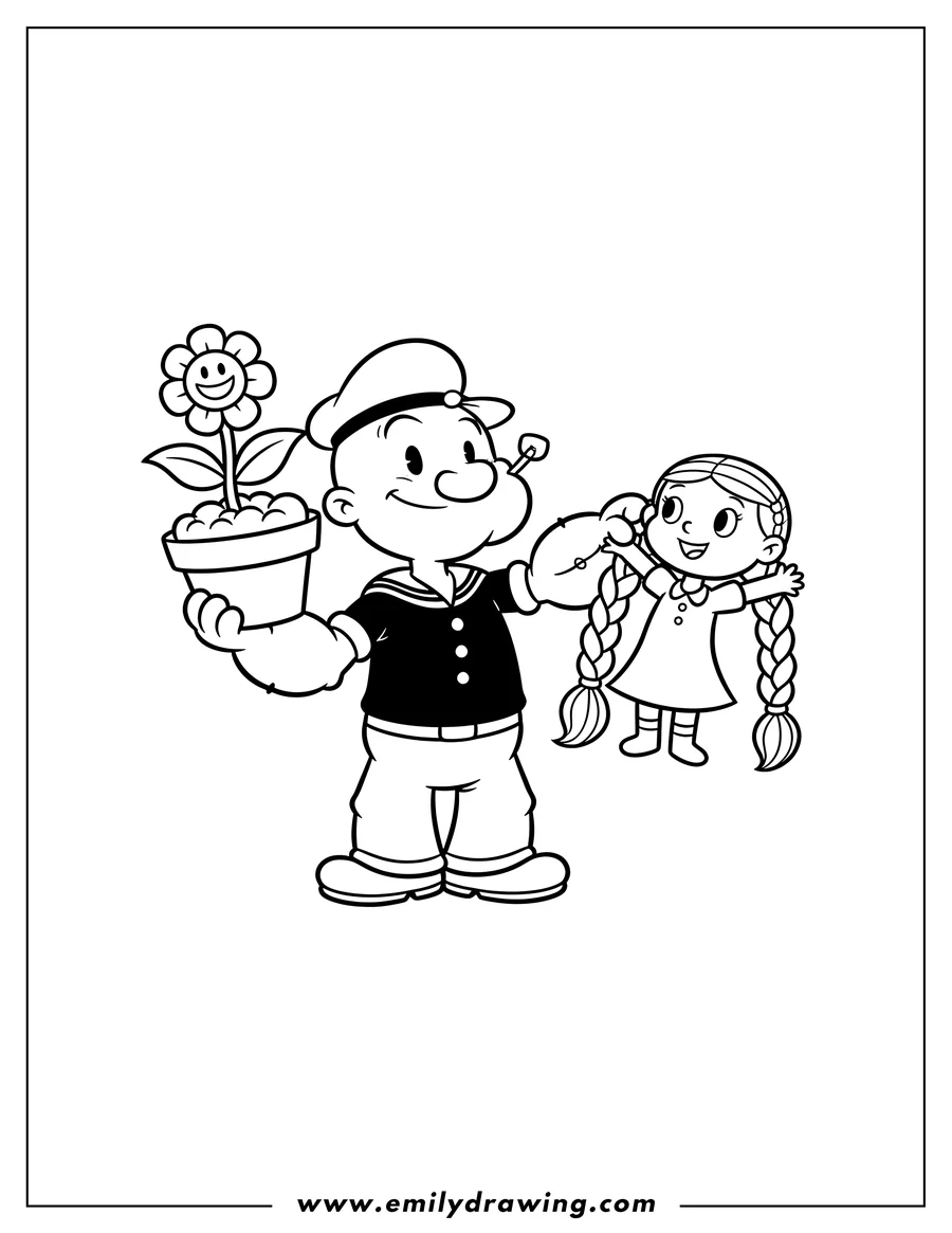 Vector style outline of kawaii Chibi Popeye holding Olive Oyl up with rope pigtails, while Popeye holds a potted plant