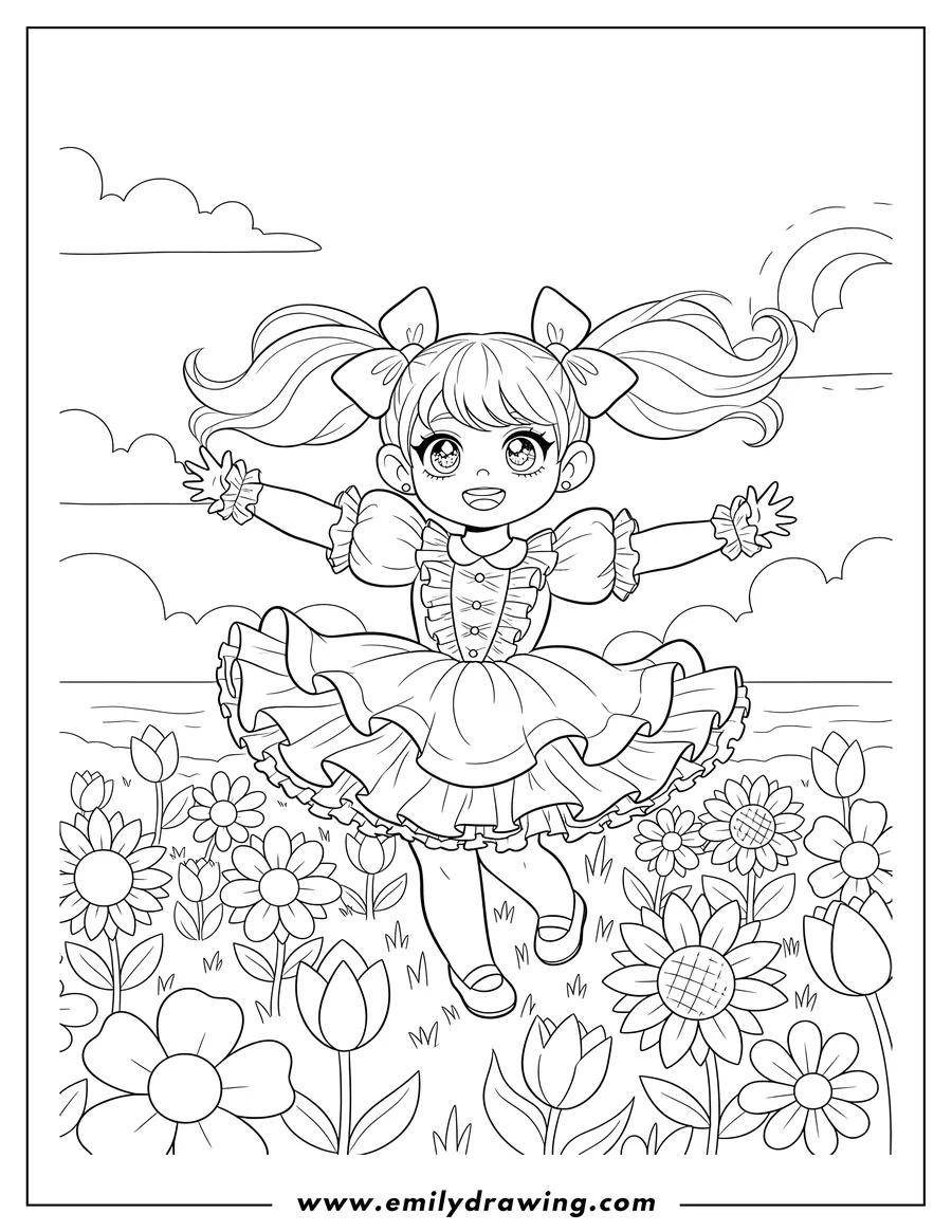 Printable line art of kawaii Poppy in a ruffled dress and pigtails, dancing on a flower field
