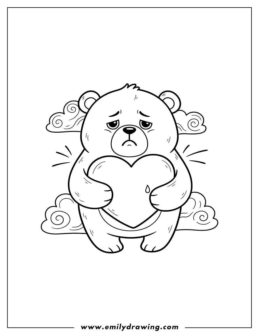 Free printable coloring sheet of kindness Makes Sadness Softer With Pouting Bear holding a heart