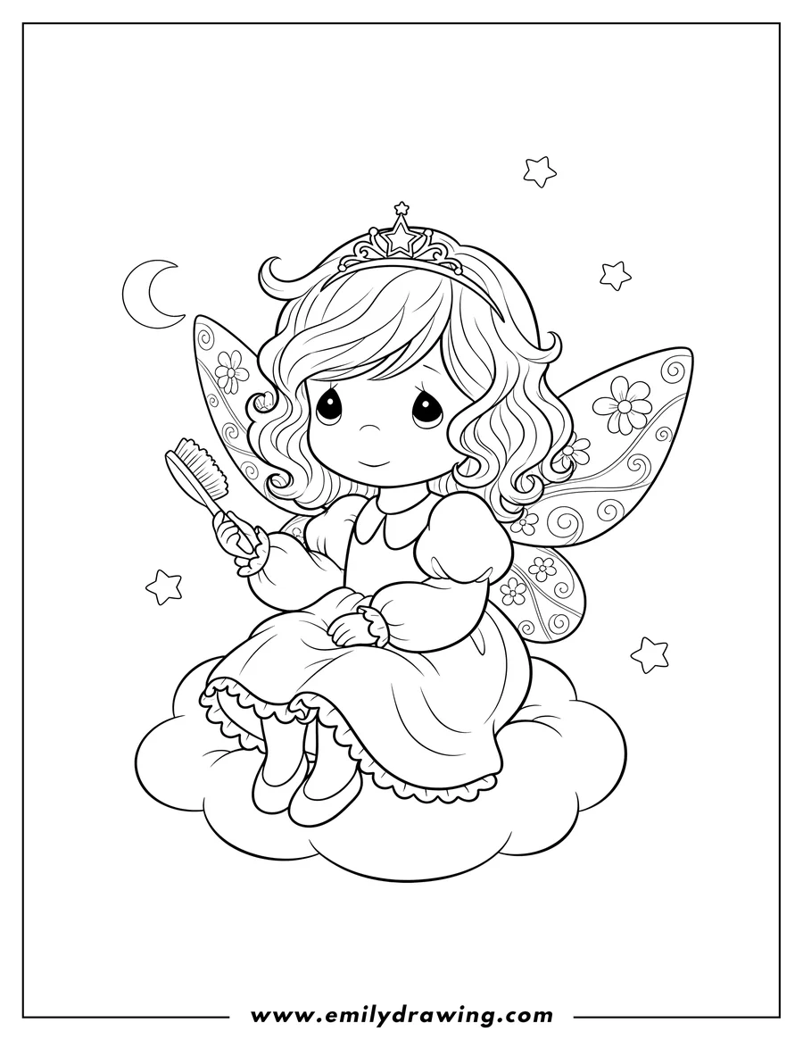 Free printable coloring sheet of kawaii Precious Moments fairy girl brushing hair, looking up