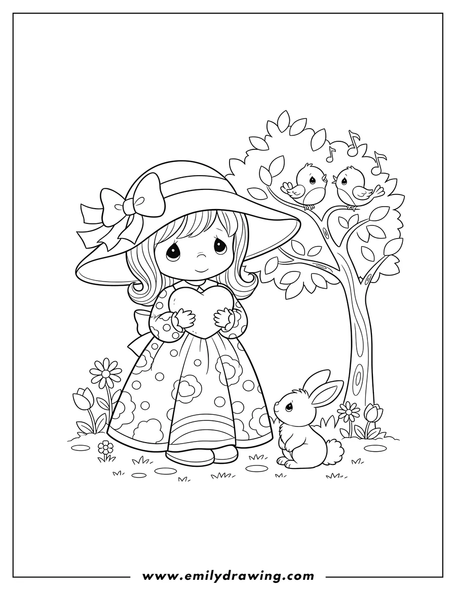 Coloring page for kids: kawaii Precious Moments Girl wearing a hat and holding a heart, in a garden with a bunny and birds in a tree