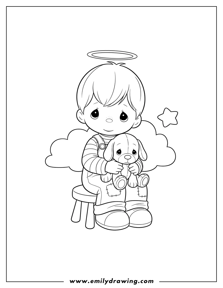 High quality printable precious Moments little boy sitting and gently holding his toy dog, smiling for coloring