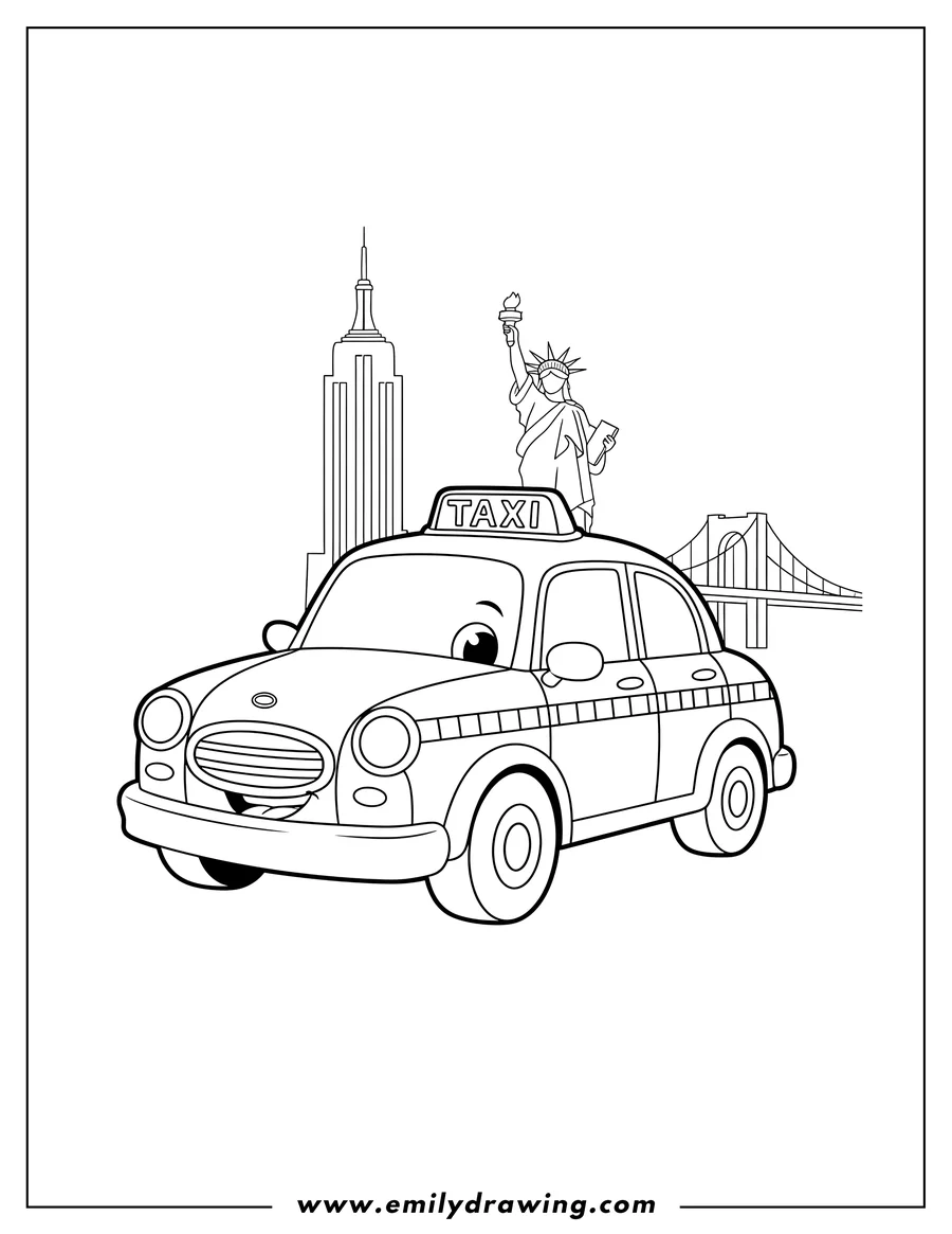PDF style coloring page: preschool New York taxi coloring page, with 'TAXI' on roof and checkerboard stripe