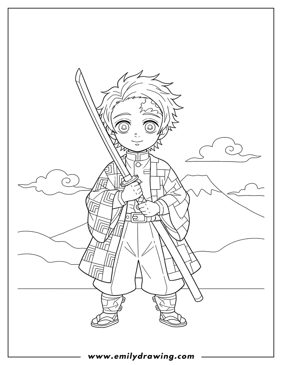 Vector style outline of preschooler Giyu Tomioka holding a sword with his patterned haori