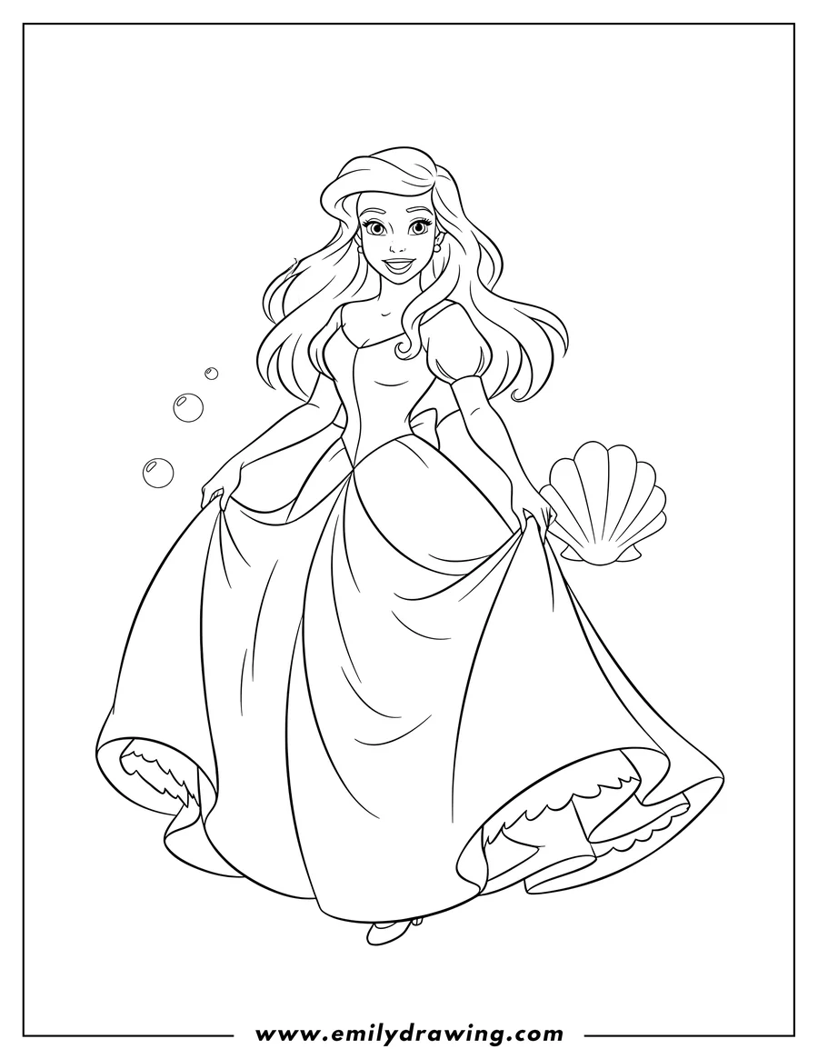 High quality printable pretty Ariel in a gown, smiling and holding her dress for coloring