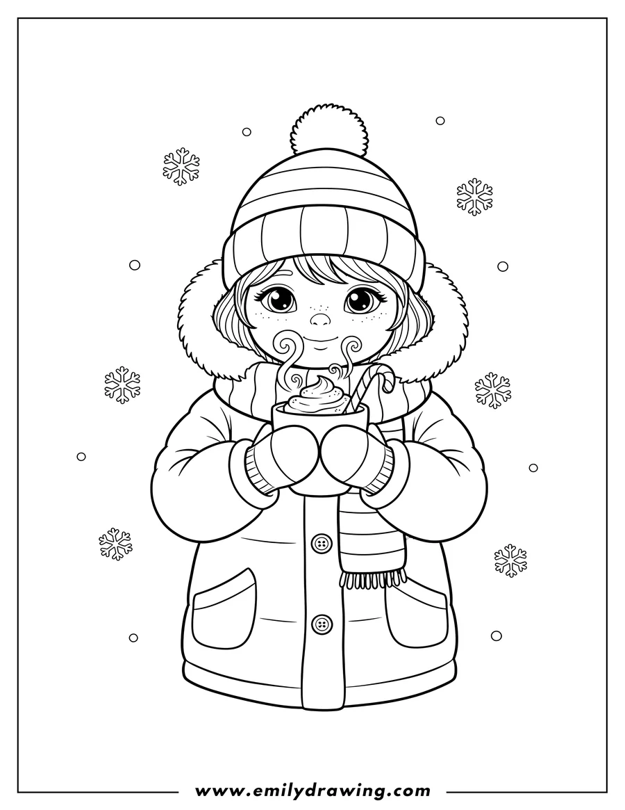 Linear illustration of pretty Little Girl in her winter coat, wearing a striped hat and scarf, holding a mug of hot chocolate with both hands