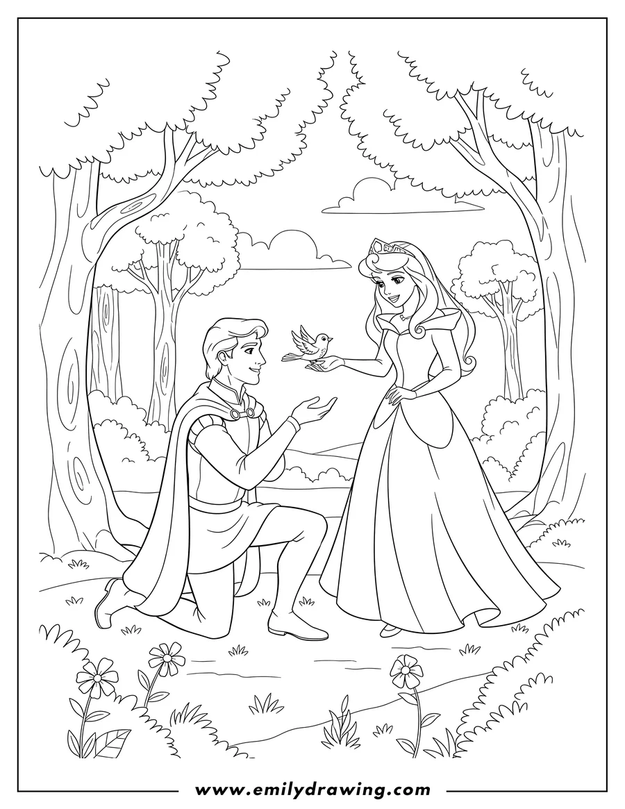 Clean line drawing: prince Philip kneeling to a bird, with Princess Aurora, in the forest