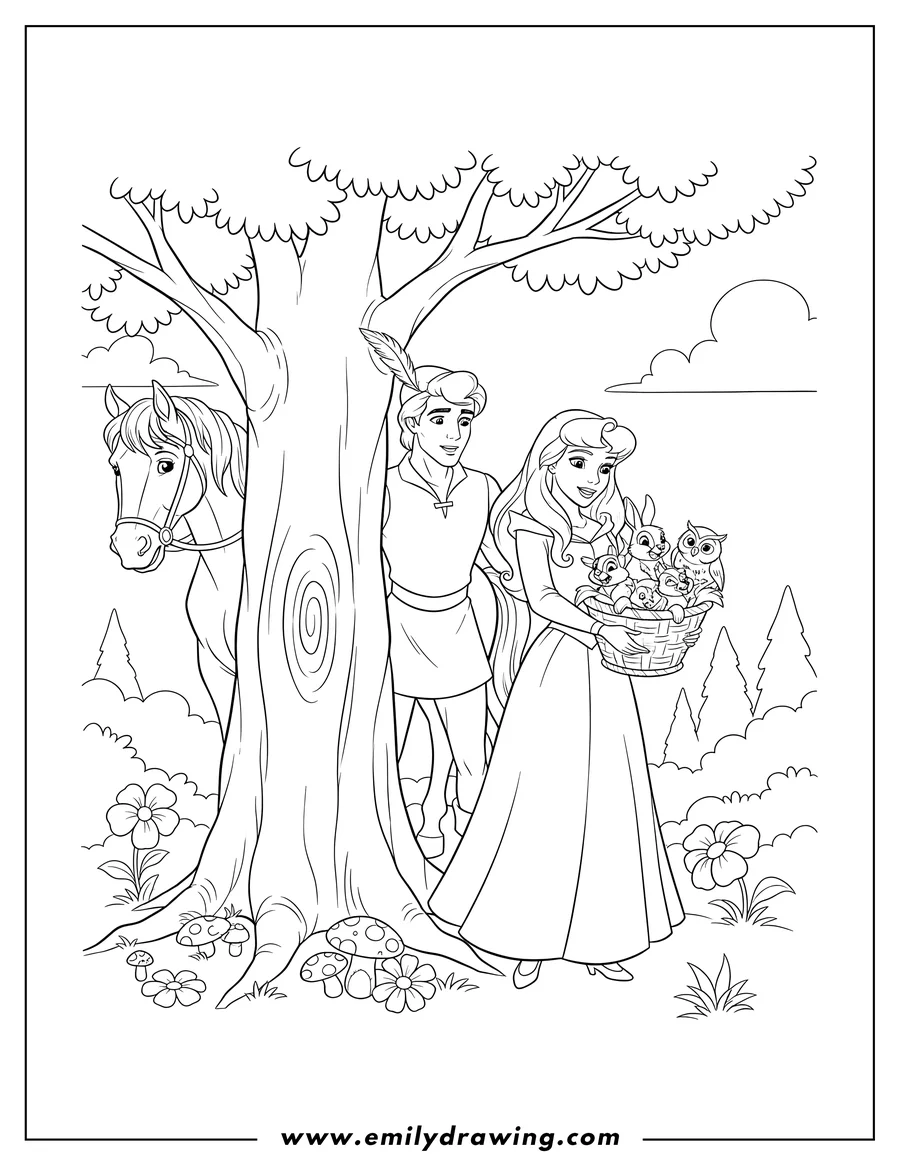 High quality printable prince Philip watching Aurora holding a basket with forest animals, peeking from behind a tree with his horse for coloring