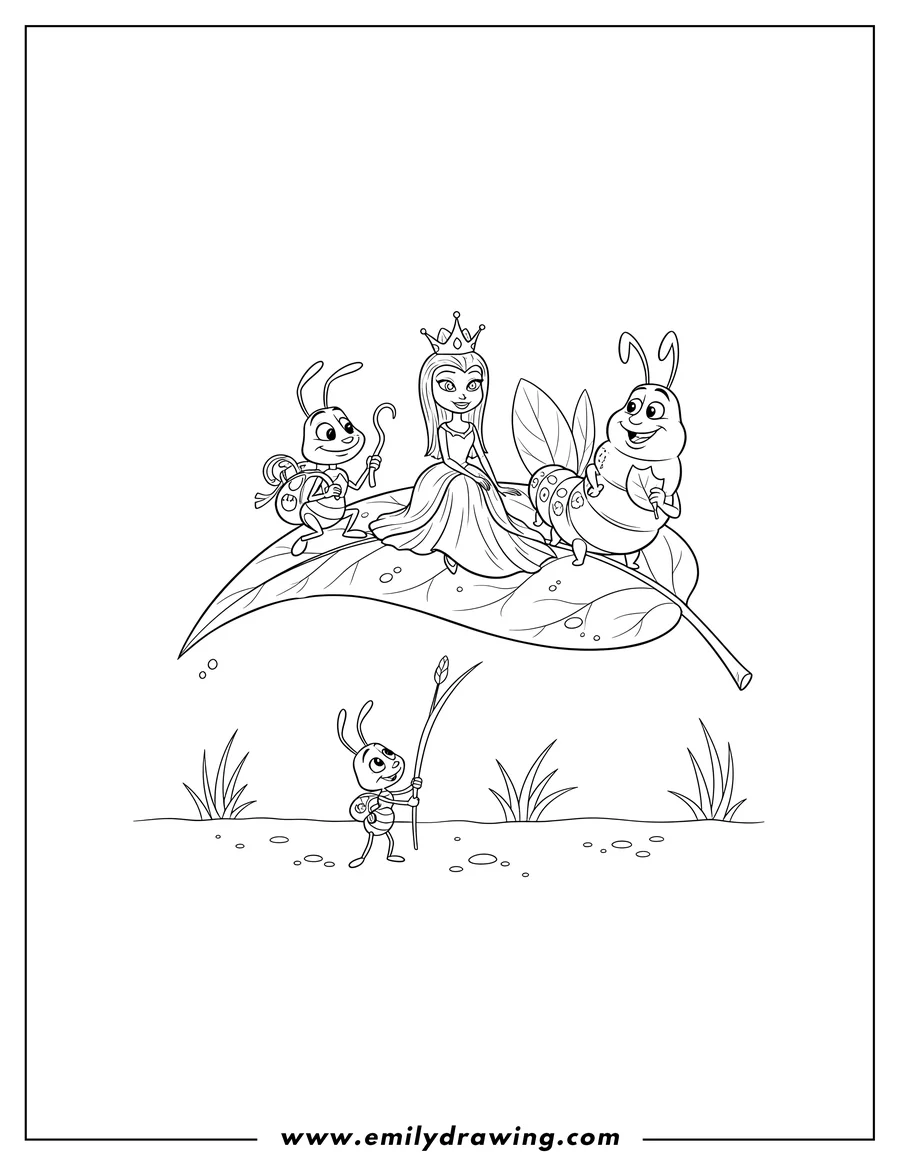 Outline drawing of princess Atta, Flik, and Heimlich from A Bug's Life sitting on a leaf, with Dot holding a stem