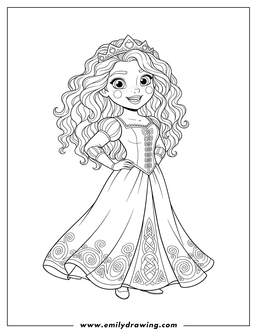 Coloring sheet featuring kawaii Princess Merida, smiling, wearing a crown, with one hand on her hip