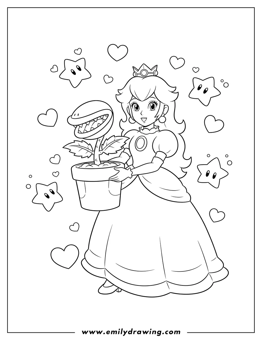 Clean line drawing: princess Peach holding a Piranha Plant, with Luma and hearts in the background