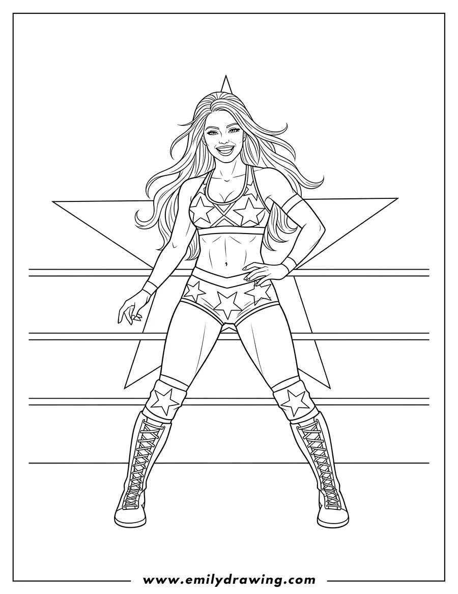 Coloring page of alicia Fox Ww Wrestler smiling and posing in her wrestling outfit