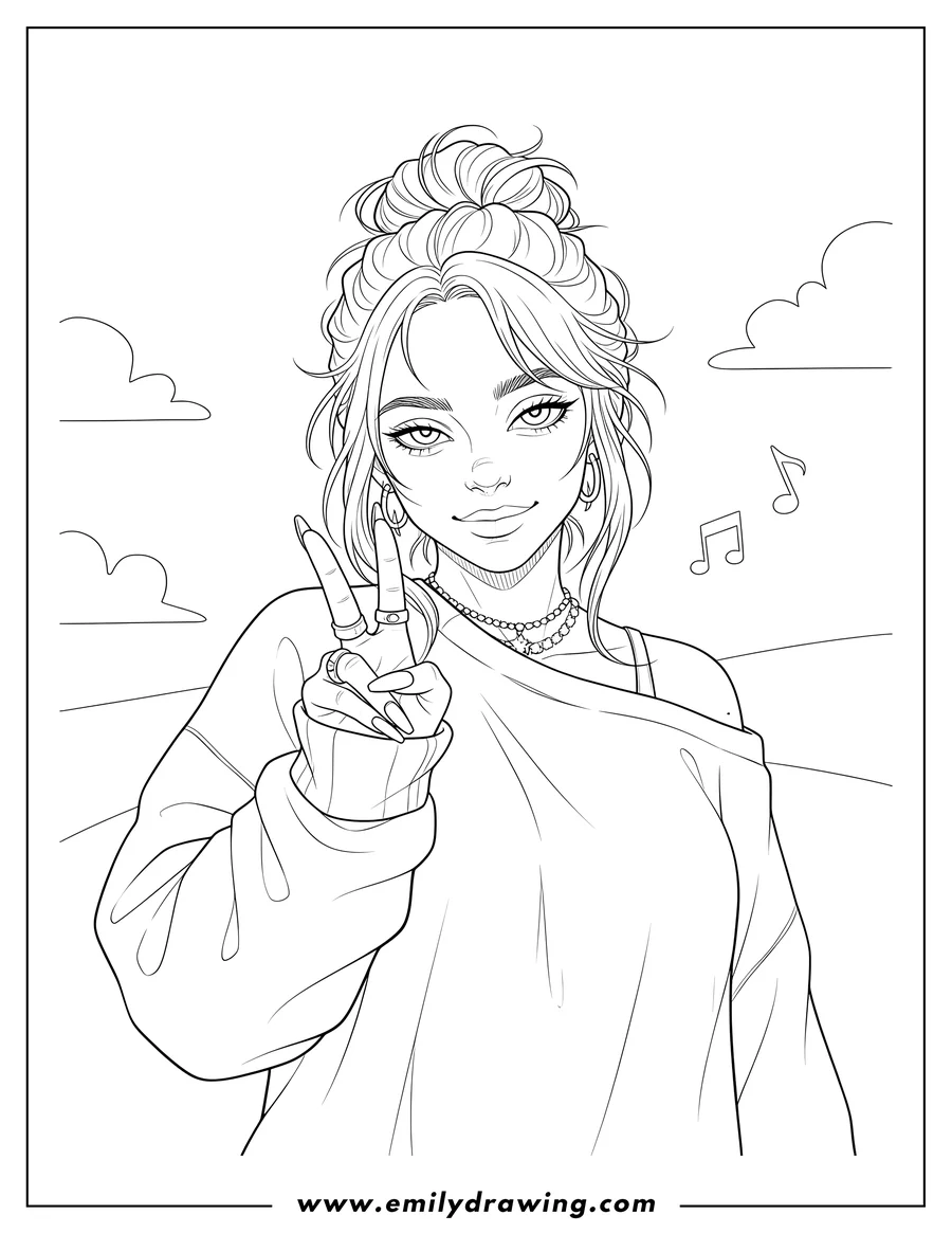 Coloring page of anime Billie Eilish making a peace sign with long nails and rings, with her hair in a messy bun
