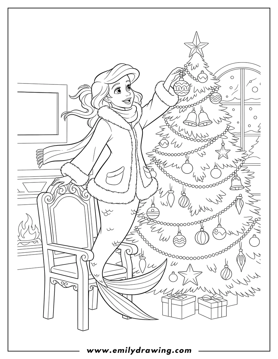 Doodle style coloring picture of ariel, wearing a winter coat and scarf, looking up as she hangs Christmas tree ornaments