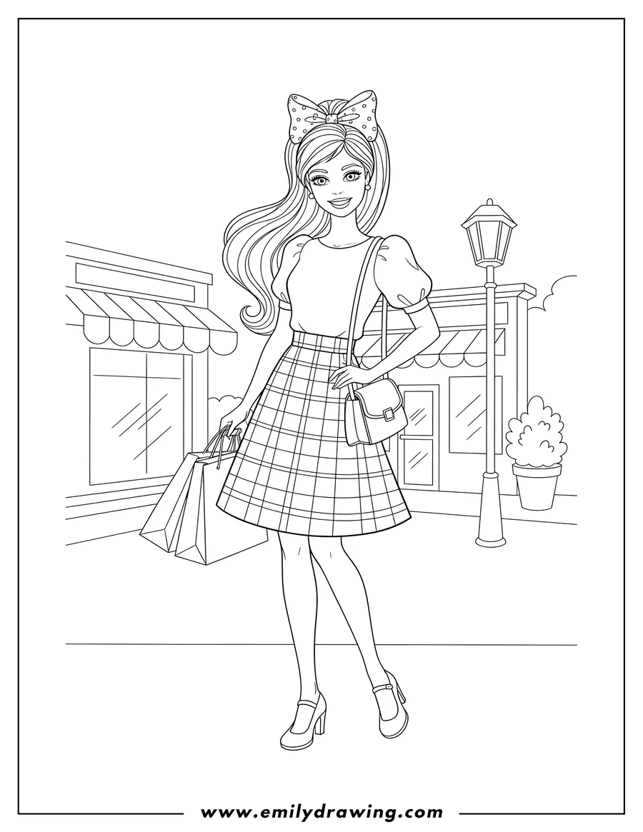 High quality printable barbie smiling and posing, with a bow in her hair and a plaid skirt, out shopping for coloring