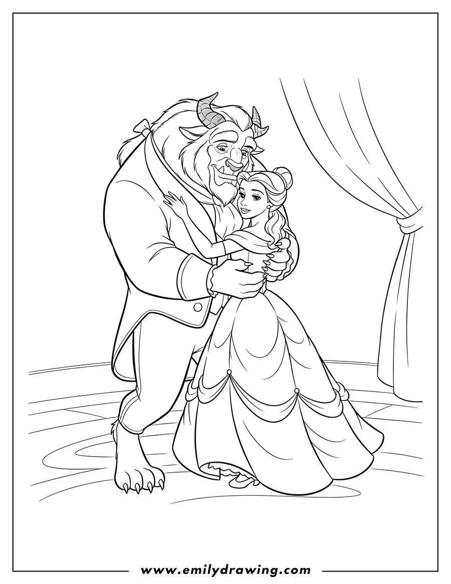 Outline drawing of beast holding and hugging Belle
