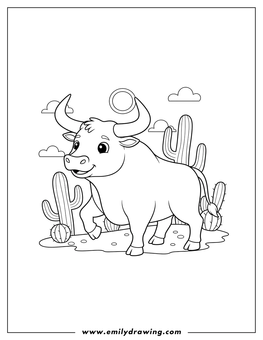 Coloring page of bull with large horns walking forward in a desert with cacti