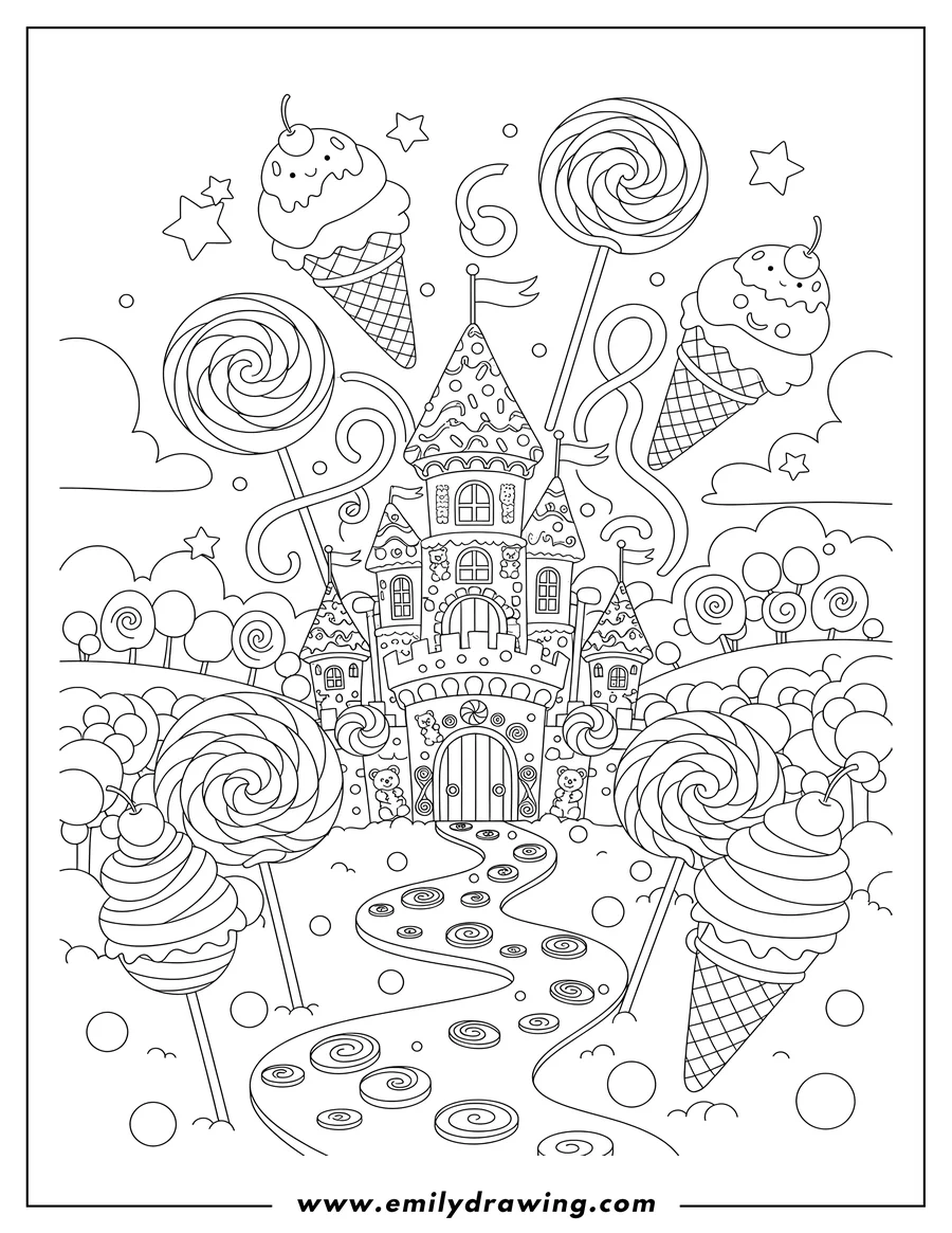 Printable coloring page of candy Land Castle with a candy path, giant ice cream cones and lollipops in the landscape, and floating ice cream and lollipops