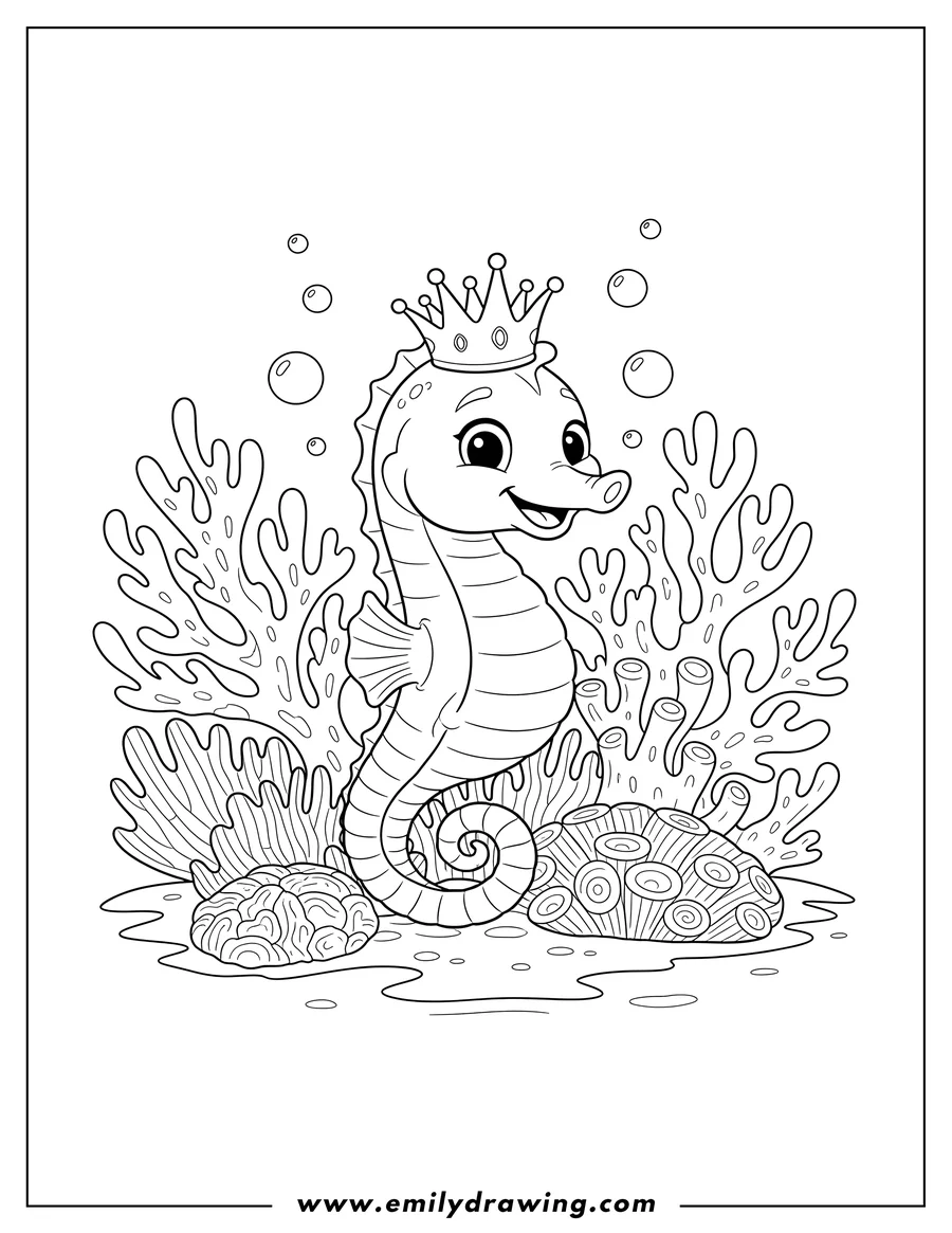 Outline drawing of cartoon seahorse wearing a crown with a happy expression, surrounded by coral
