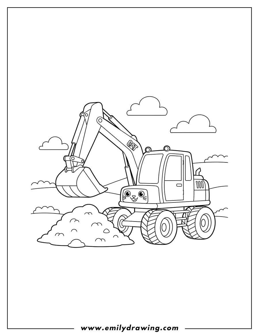 Free printable coloring sheet of cat Excavator With Wheels digging dirt with its bucket