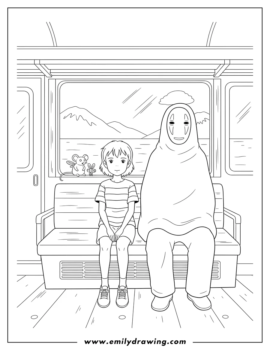 Downloadable coloring page of spirited Away: Chihiro sitting on a train bench with No Face beside her, and Bo the mouse on the window ledge