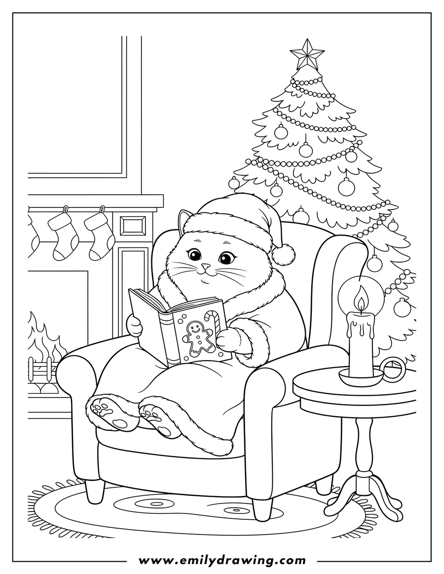 Doodle style coloring picture of christmas Cat wearing a Santa hat and blanket, reading a Christmas storybook by candlelight