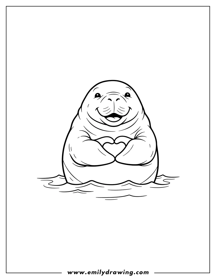 Coloring sheet featuring chubby Little Manatee smiling with flippers together