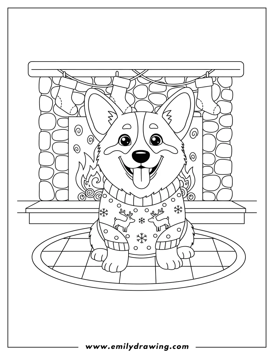 Free printable coloring sheet of corgi in Christmas sweater smiling with tongue out, sitting in front of a fireplace