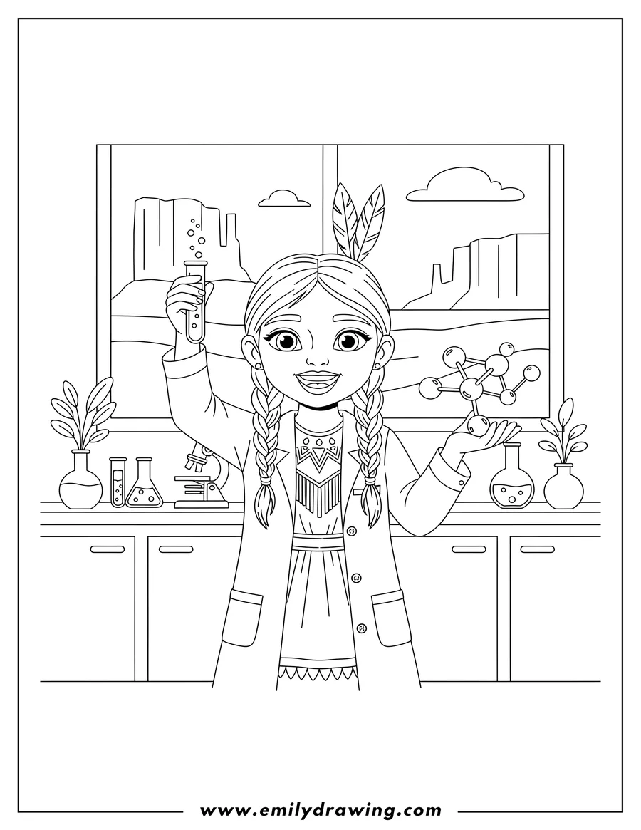 Printable coloring page of curious Native American Girl Scientist smiling and holding a test tube with a molecular model in a laboratory