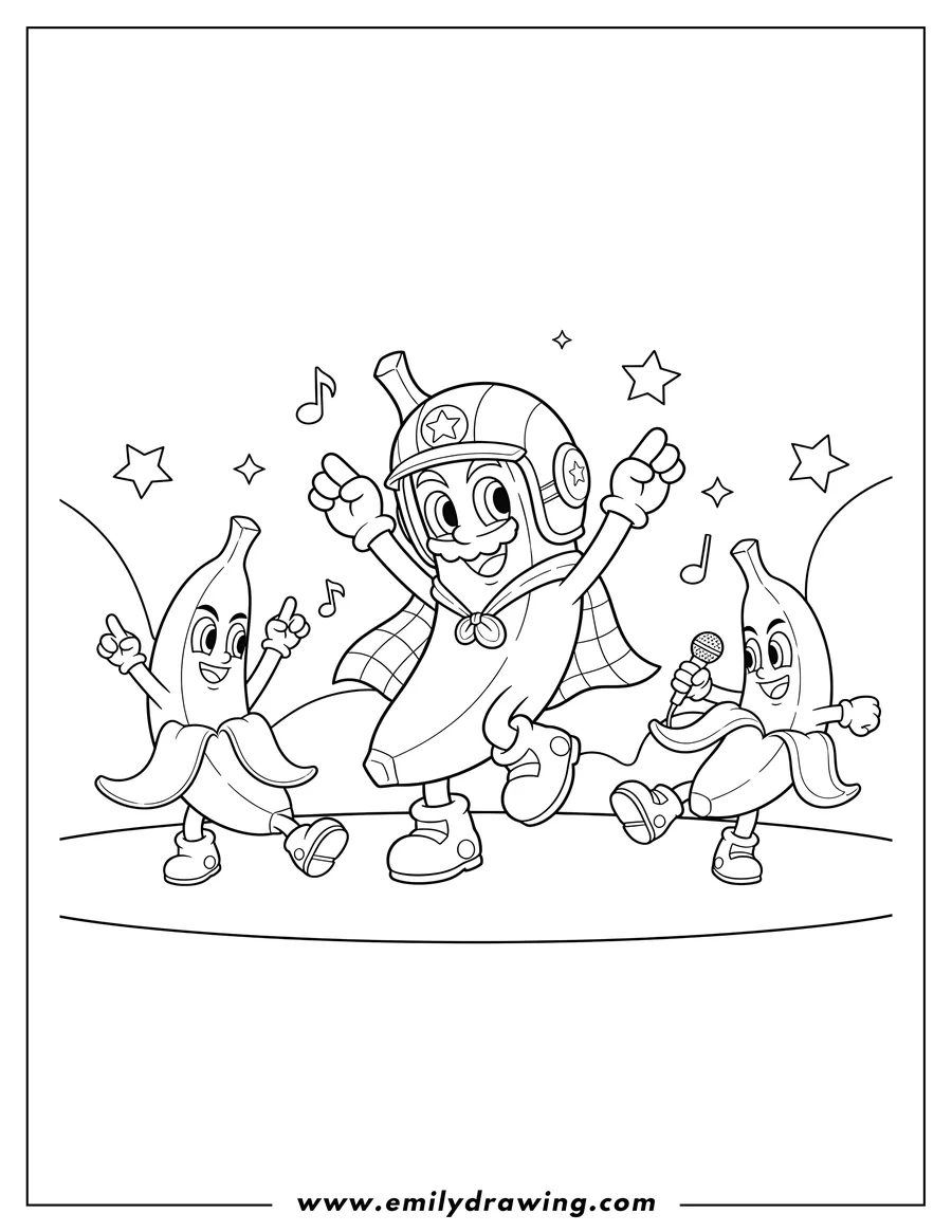 Doodle style coloring picture of cute anthropomorphic banana peels from Mario Kart dancing
