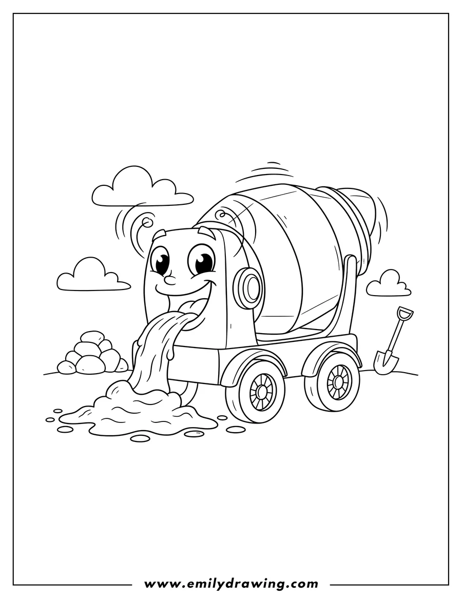 Downloadable coloring page of dizzy Cement Mixer with a big smile pouring cement