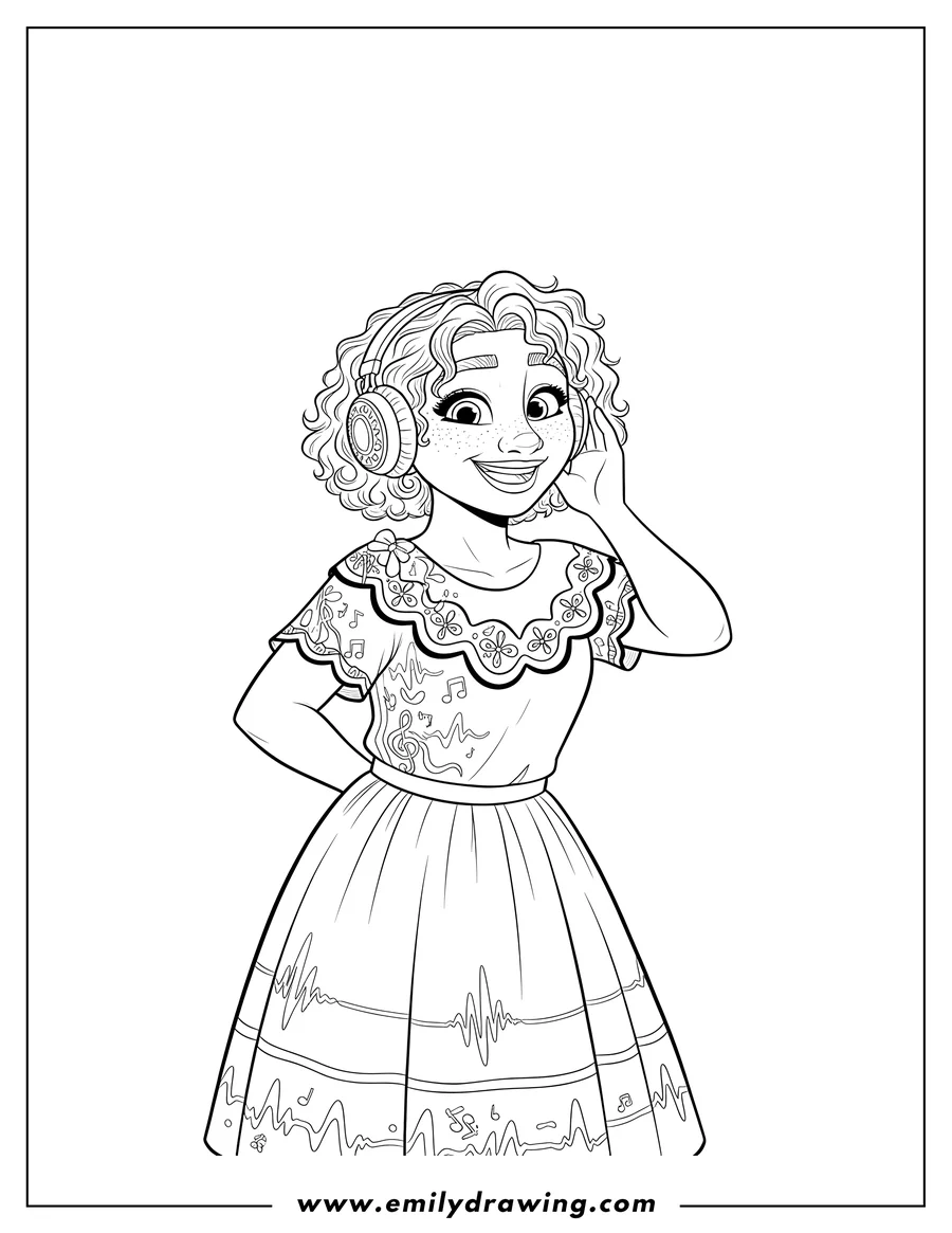 Free printable coloring sheet of dolores Madrigal Listening, smiling with hand cupped to ear