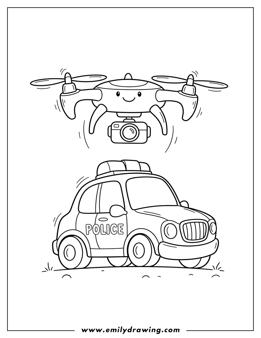 Printable coloring page of drone with camera hovering above police car with light bar