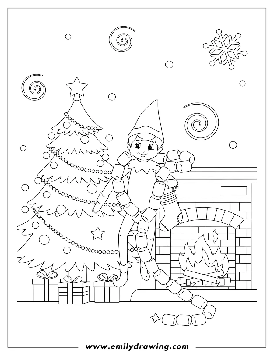 Printable coloring page of elf On Shelf draped with a marshmallow garland by a Christmas tree and fireplace