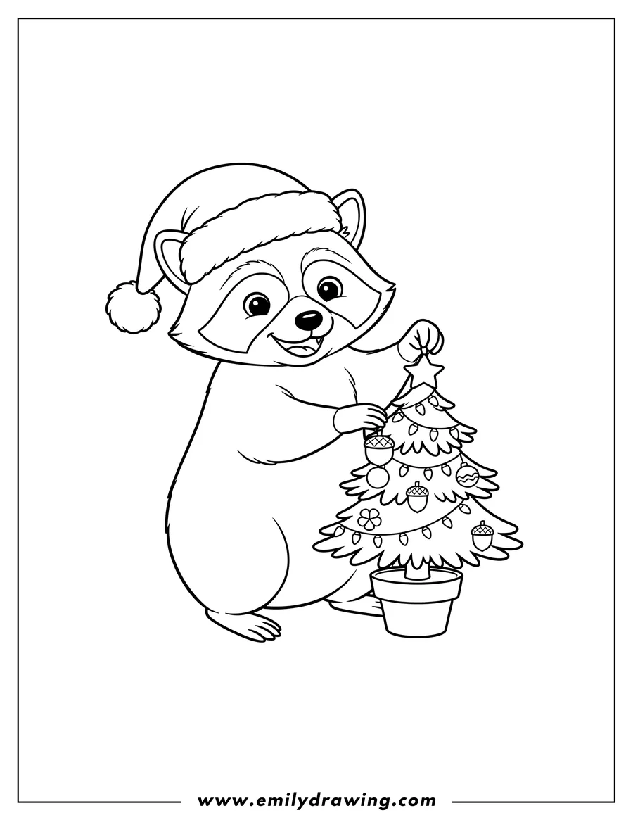 Black and white line art of A festive raccoon in a Santa hat, smiling and decorating a tiny potted Christmas tree with acorns and round ornaments