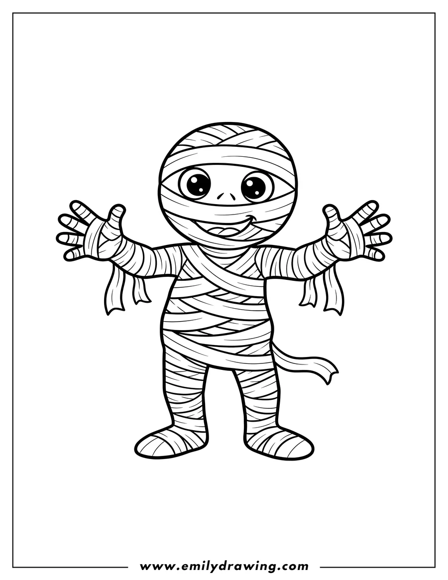 Simple sketch of friendly Cartoon Mummy Standing with Big Eyes and Outstretched Hands to color