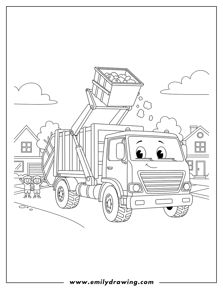 Clean line drawing: front Loader Garbage Truck picking up a dumpster