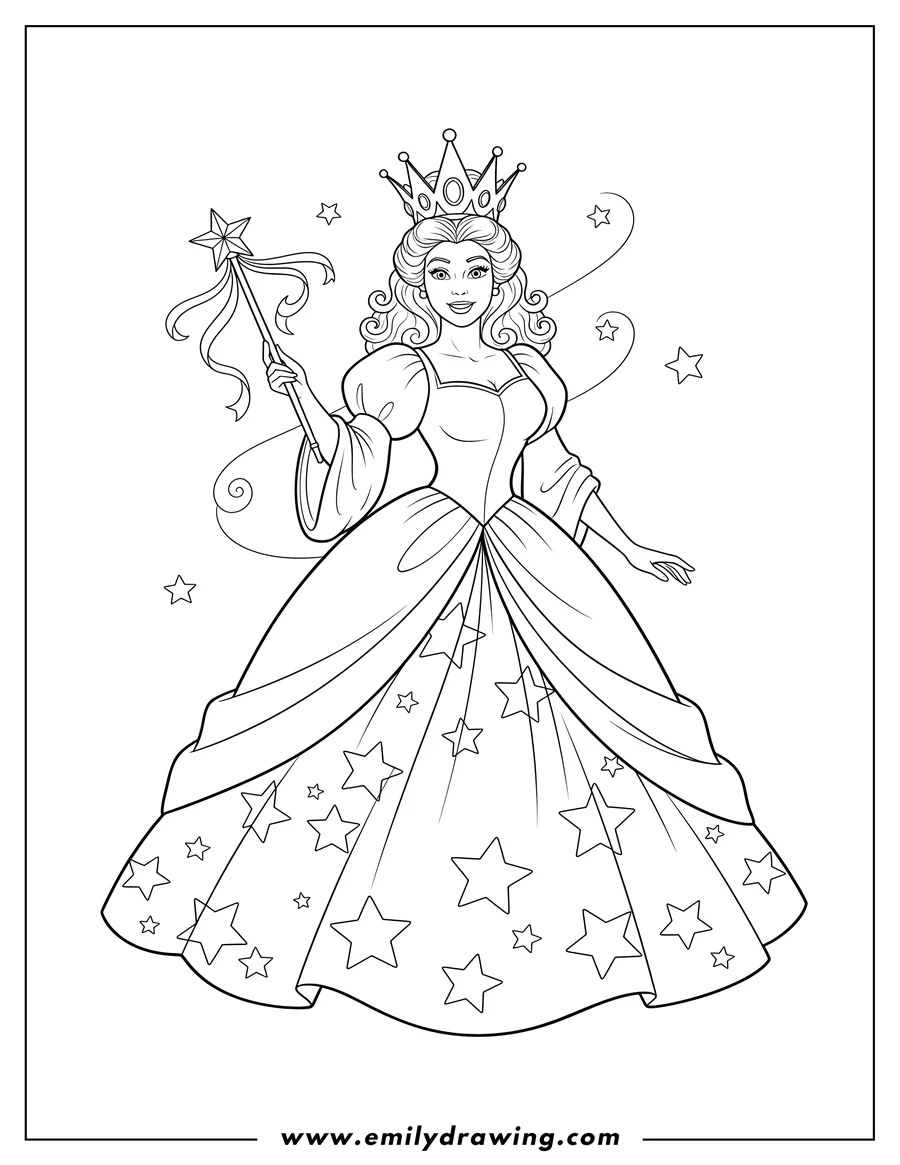 Coloring page of glinda Good Witch Oz wearing a crown, holding a star wand, and a dress with stars