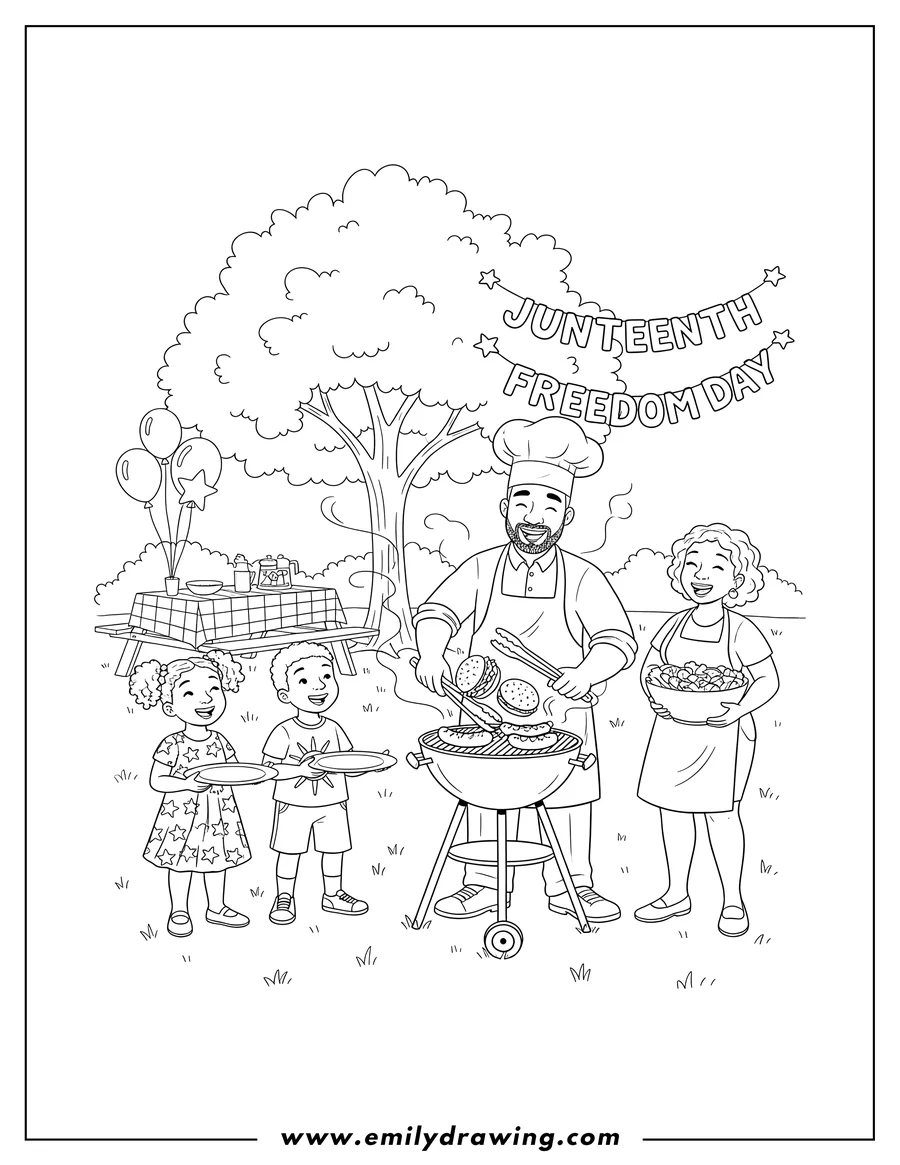 Printable line art of juneteenth Freedom Day family barbecue, with dad grilling and kids holding plates