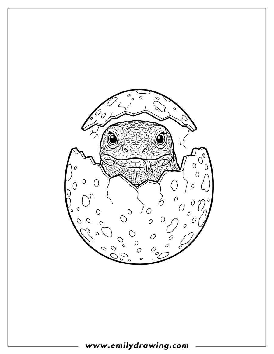 Outline drawing of komodo Dragon Hatching, head emerging from a speckled egg