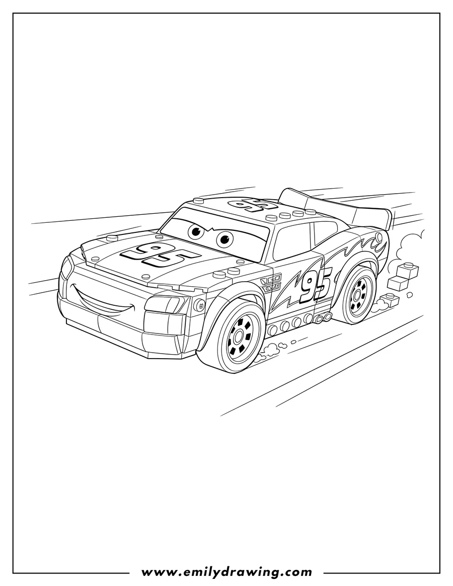 Printable coloring page of lego Lightning McQueen number 95 racing