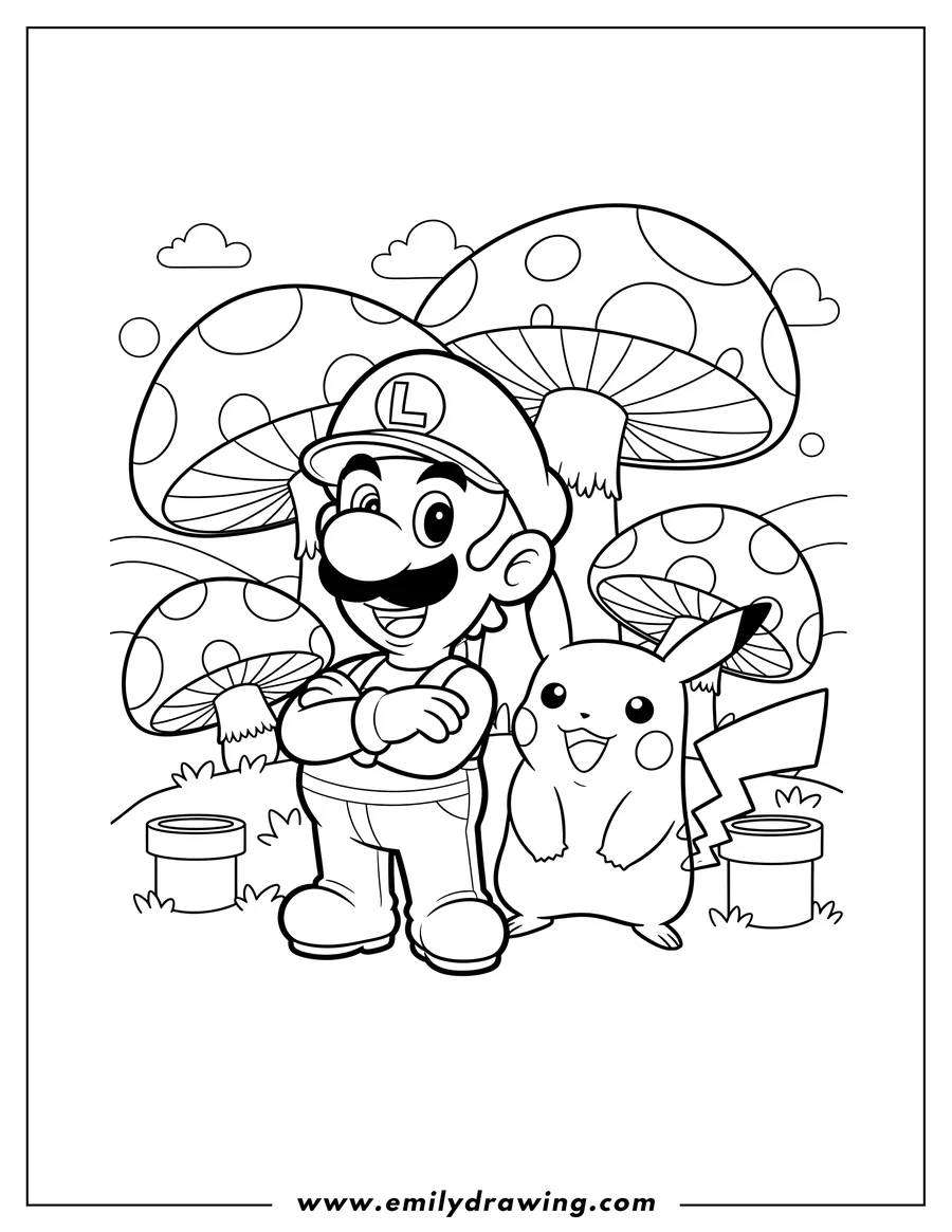 Linear illustration of cute Luigi with crossed arms and smiling Pikachu in Mushroom Land