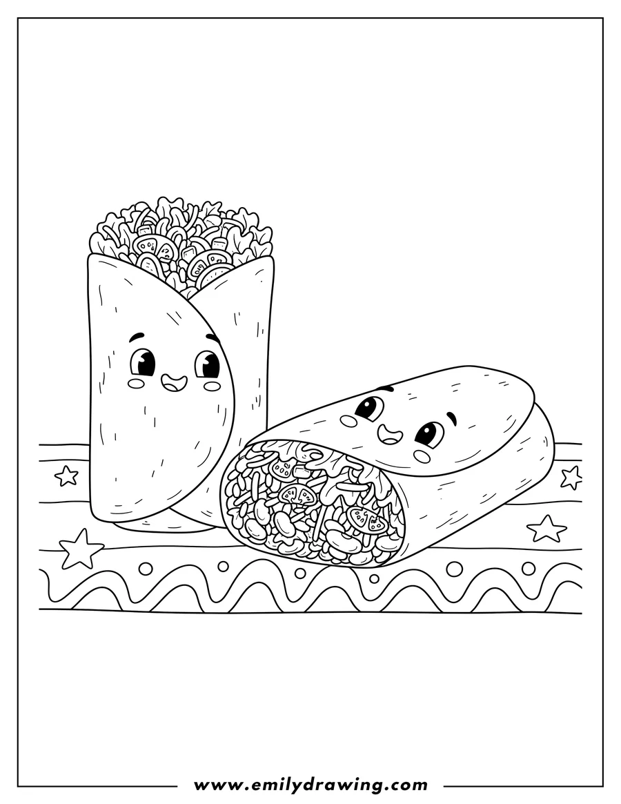 Outline drawing of mexican Burritos Scaled, with two burritos, one cut open showing fillings