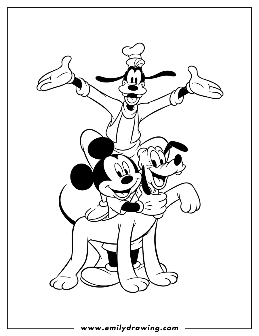 Doodle style coloring picture of mickey Mouse hugging Pluto, with Goofy standing on their shoulders, all smiling