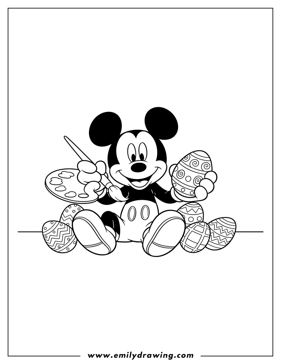 Black and white line art of mickey Mouse smiling and holding a paintbrush, decorating an Easter egg, with more decorated eggs around him